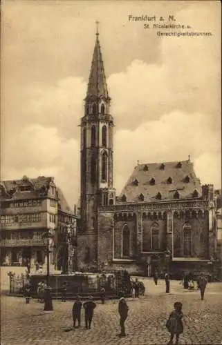 Ak Frankfurt am Main, St. Nicolaikirche, Gerechtigkeitsbrunnen