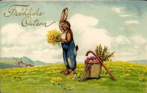 Ak Glückwunsch Ostern, Osterhase mit Blumenstrauß, Ostereier