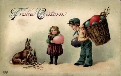 Ak Glückwunsch Ostern, Kinder, Ostereier, Osterhasen, Weidenkätzchen