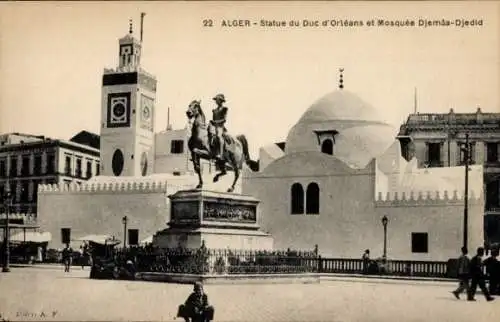 Ak Algier Algier Algerien, Statue des Herzogs von Orleans, Djemaa-Djedid-Moschee