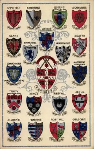 Studentika Wappen Ak Crests, St. Peter's, Sidney Sussex, St. Catharine's, Queens'