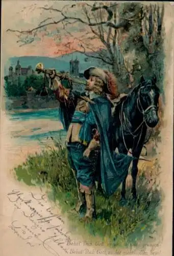 Präge Litho Trompeter von Säckingen, Pferd, Behüt Dich Gott