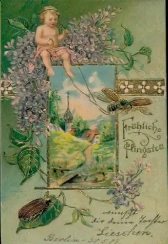 Präge Litho Glückwunsch Pfingsten, Kind, Maikäfer, Blumen