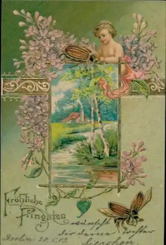 Präge Litho Glückwunsch Pfingsten, Kind, Maikäfer, Birken