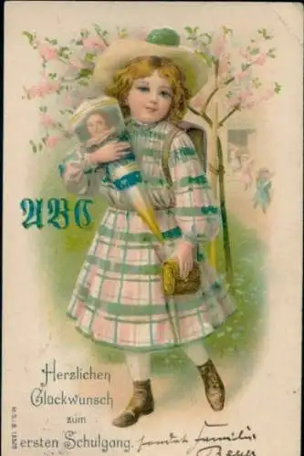 Präge Litho Glückwunsch Einschulung, Schülerin, Schultüte