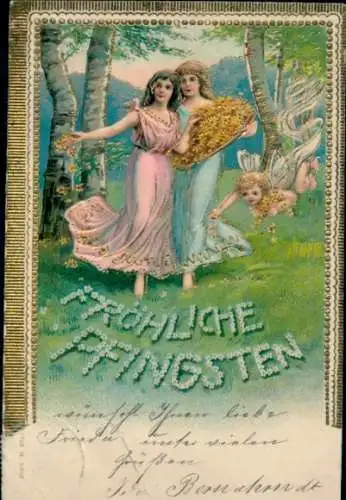 Präge Litho Glückwunsch Pfingsten, Zwei Frauen im Wald, Fee, Birken