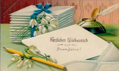 Präge Ak Glückwunsch Neujahr, Tinte, Briefe, Bleistift, Schneeglocken