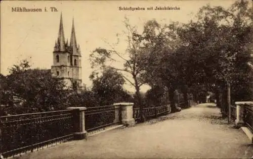 Ak Mühlhausen in Thüringen, Schießgraben mit Jakobikirche