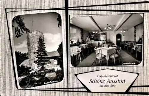 Ak Bad Ems an der Lahn, Café Restaurant Schöne Aussicht, Bes. Günther Hoffmann, Aussichtsturm