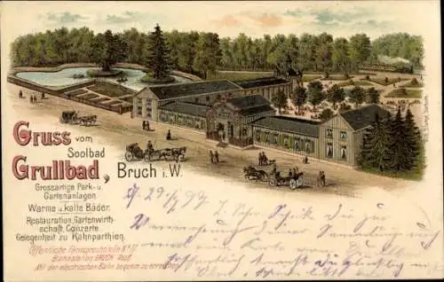 Litho Grullbad Bruch Recklinghausen im Ruhrgebiet, Solbad, Gartenanlagen, Restauration