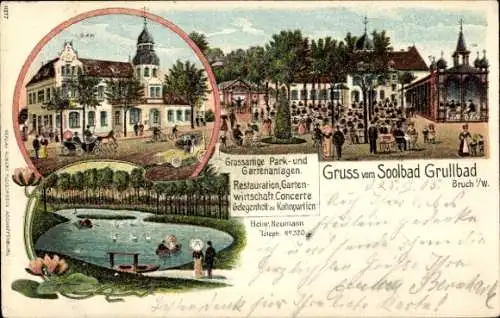 Litho Grullbad Bruch Recklinghausen, Solbad, Gartenanlagen, Restauration, Inh. Heinr. Neumann