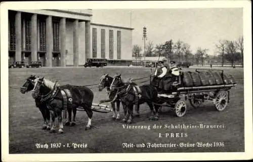 Ak Grüne Woche 1936, Viererzug d. Schultheiss Brauerei, 1. Preis Reit u. Fahrturnier, Fässer, Pferde