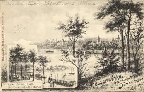 Ak Berlin Köpenick Rahnsdorf Hessenwinkel, Gesellschaftshaus Dämeritzsee, Blick vom Strandplatz