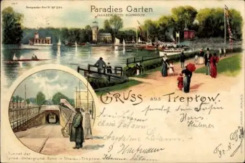 Litho Berlin Treptow, Paradiesgarten, Dampferanlegestelle, Untergrundbahn nach Stralau