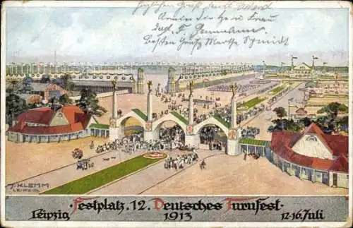 Künstler Ak Klemm, J., Leipzig in Sachsen, 12. Deutsches Turnfest 1913, Festplatz