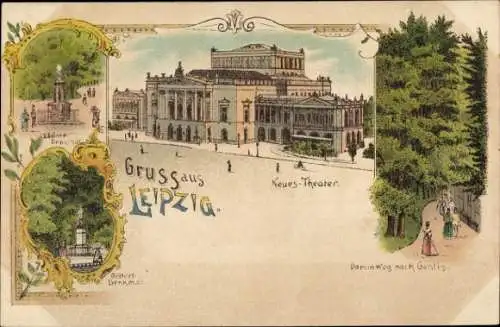 Litho Leipzig in Sachsen, Neues Theater, Zöllner Denkmal, Dammweg nach Gohlis, Gellert Denkmal