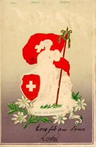 Präge Ak Schweiz, Kriegerin mit Fahne und Schutzschild, Wappen