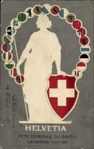 Präge Wappen Ak Helvetia, Schweiz, Nationalallegorie, Kantonswappen