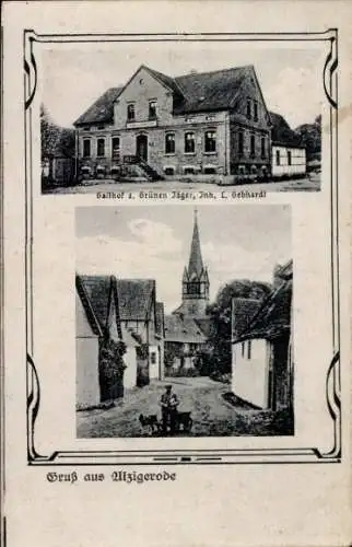 Passepartout Ak Ulzigerode Arnstein im Südharz, Gasthof zum Grünen Jäger, Straßenpartie, Kirche