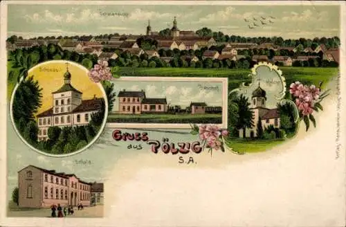 Litho Pölzig in Thüringen, Gesamtansicht, Schloss, Schule, Bahnhof, Kirche