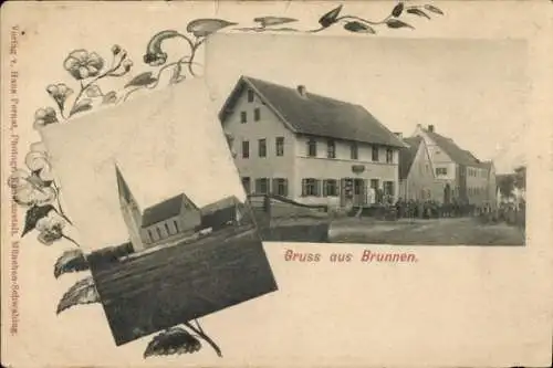 Ak Brunnen in Oberbayern, Kirche, Straßenpartie, Geschäftshaus, Anwohner