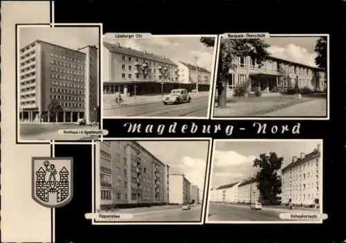 Ak Magdeburg Nord, Pappelallee, Nordpark Oberschule, Hochhaus, Hohepfortestraße, Wappen