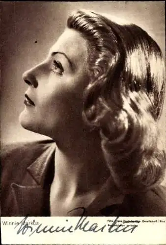 Ak Schauspielerin Winnie Markus, Portrait im Profil, Autogramm