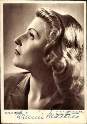 Ak Schauspielerin Winnie Markus, Portrait im Profil, Autogramm