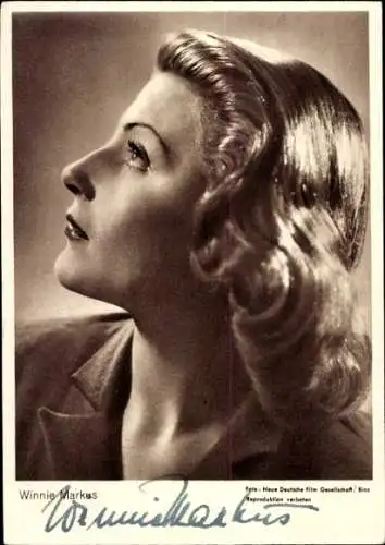 Ak Schauspielerin Winnie Markus, Portrait im Profil, Autogramm