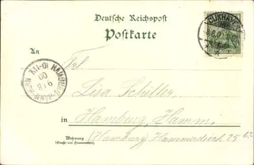Litho Nordseebad Cuxhaven, Leuchtturm, Dampfer, Kriegerdenkmal
