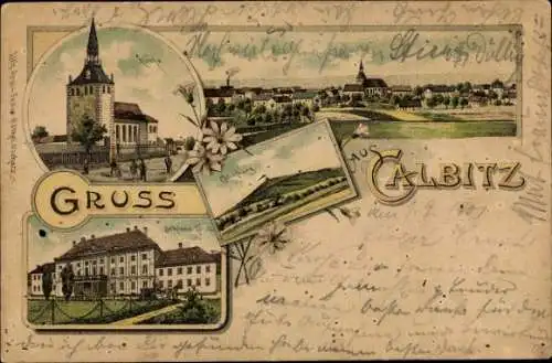 Litho Calbitz Wermsdorf in Sachsen, Panorama, Collmberg, Kirche