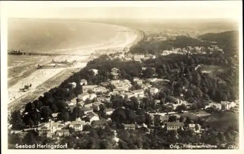 Ak Ostseebad Heringsdorf auf Usedom, Fliegeraufnahme, Seebrücke, Küste