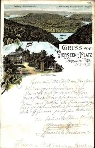 Litho Boppard am Rhein, Gruß vom Vierseen Platz, Osterspay Schloss Liebeneck, Tempel