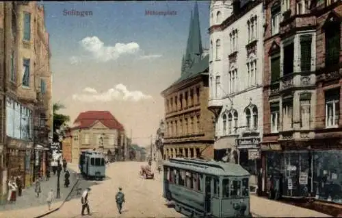 Ak Solingen im Bergischen Land, Mühlenplatz, Straßenbahnen