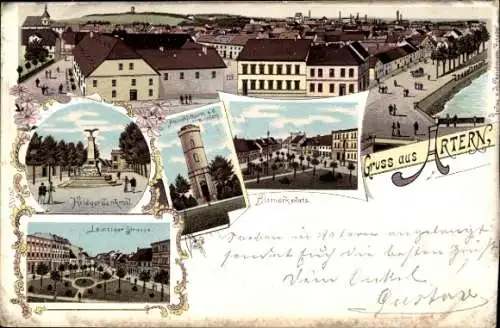 Litho Artern an der Unstrut, Weinberg Aussichtsturm, Bismarckplatz, Leipziger Straße, Kriegerdenkmal