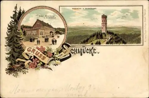 Vorläufer Litho Gehlberg Suhl in Thüringen, Panorama vom Schneekopf, Hotel Schmücke