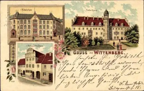 Litho Lutherstadt Wittenberg, Mittelschule, Lutherhaus, Melanchthonhaus