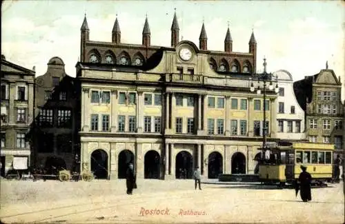 Ak Hansestadt Rostock, Rathaus, Straßenbahn, Uhr