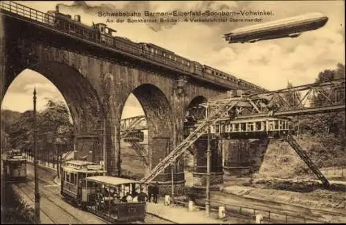 Ak Elberfeld Wuppertal, Sonnborner Brücke, Zeppelin, Schwebebahn, Straßenbahn, Eisenbahn