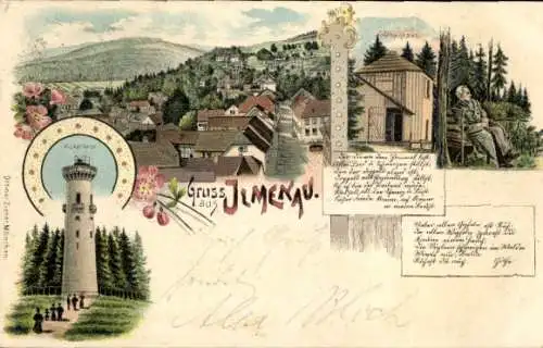 Litho Ilmenau Thüringen, Goethehaus, Kickelhahn, Ortsansicht