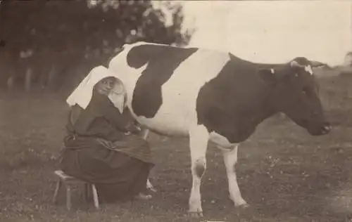 Foto Ak Frau beim Melken einer Kuh