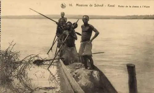 Ak DR Kongo, Missions de Scheut, Kasai, retour de la chasse a l'Hippo