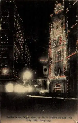 Ak Hongkong China, Pedder Street, night view, Peace Celebration Day 1919