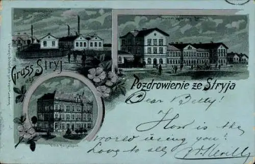 Mondschein Litho Stryj Stryi Ukraine, Bahnhof, Maschinenfabrik Galicia, Villa Heiselkorn