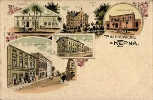 Litho Kępno Kempen im Wartheland Posen, Krankenhaus, Turnhalle, Rychtalska-Straße