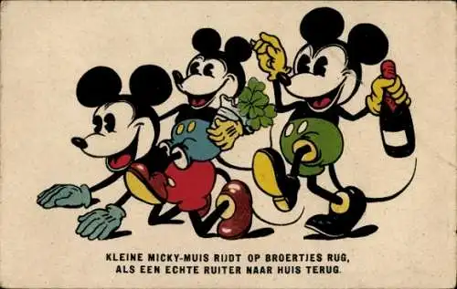 Ak Walt Disney, Micky Maus, Kleiner Micky auf dem Rücken, Glücksklee, Sektflasche