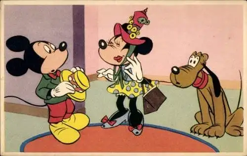 Ak Walt Disney, Micky Maus, Elegante Minnie, Pluto