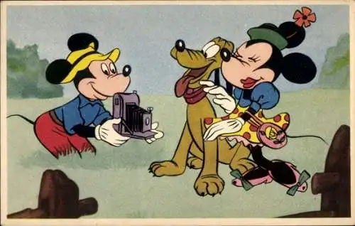 Ak Walt Disney, Micky Maus macht ein Foto, Minnie, Pluto