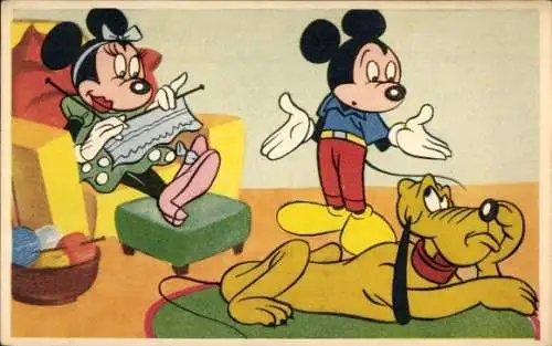 Ak Walt Disney, Micky Maus, Pluto, Minnie beim Stricken