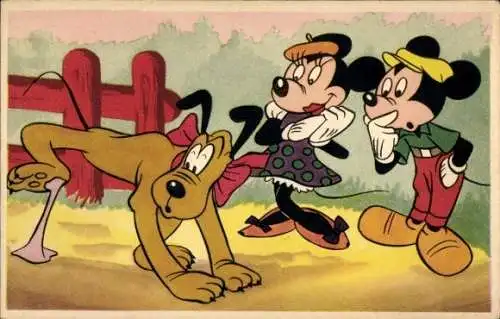 Ak Walt Disney, Micky Maus, Minnie, Pluto in Kaugummi getreten, Pfote